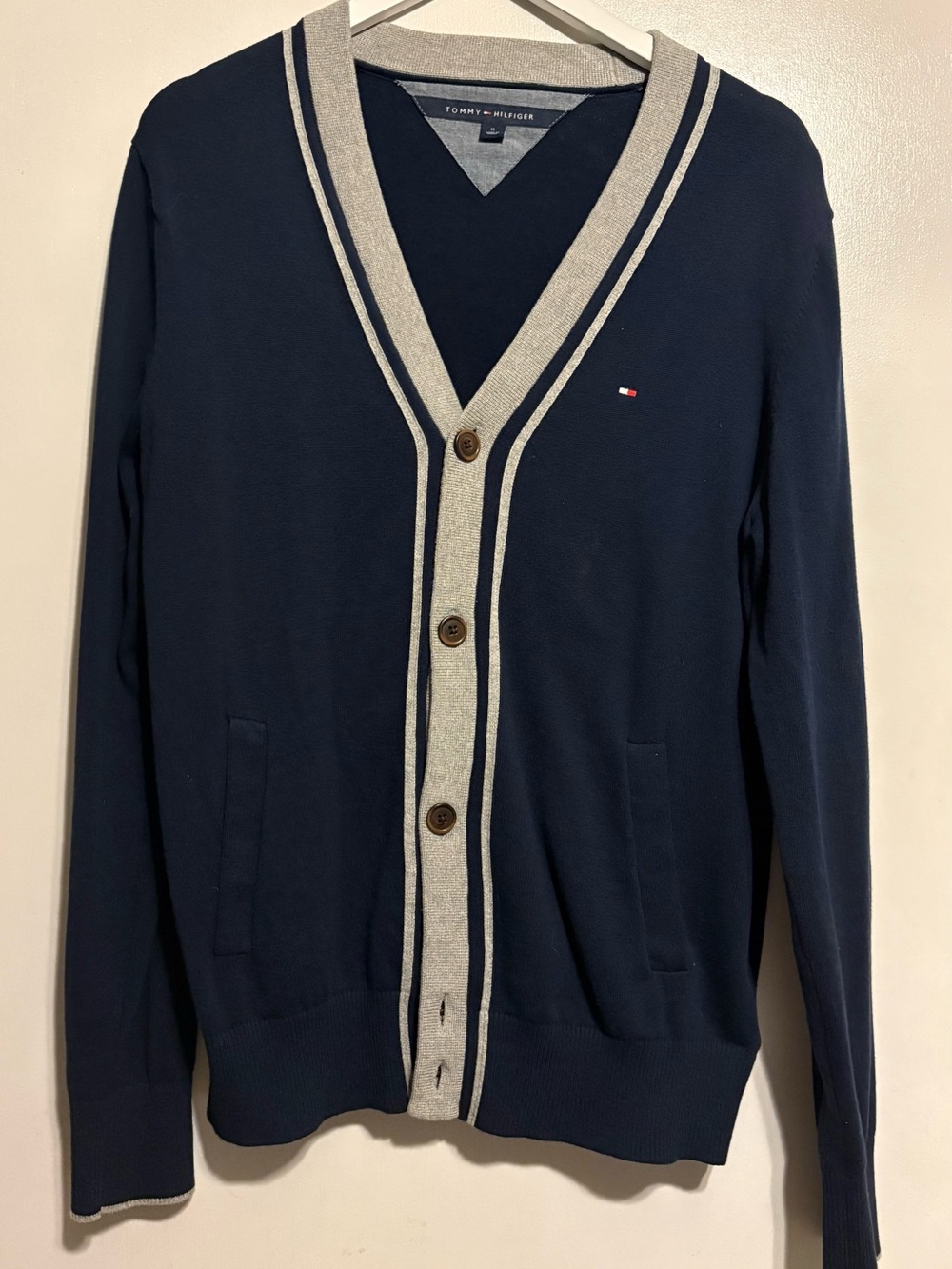 Tommy Hilfiger Navy Cardigan with Light Gray Contrast Trim
